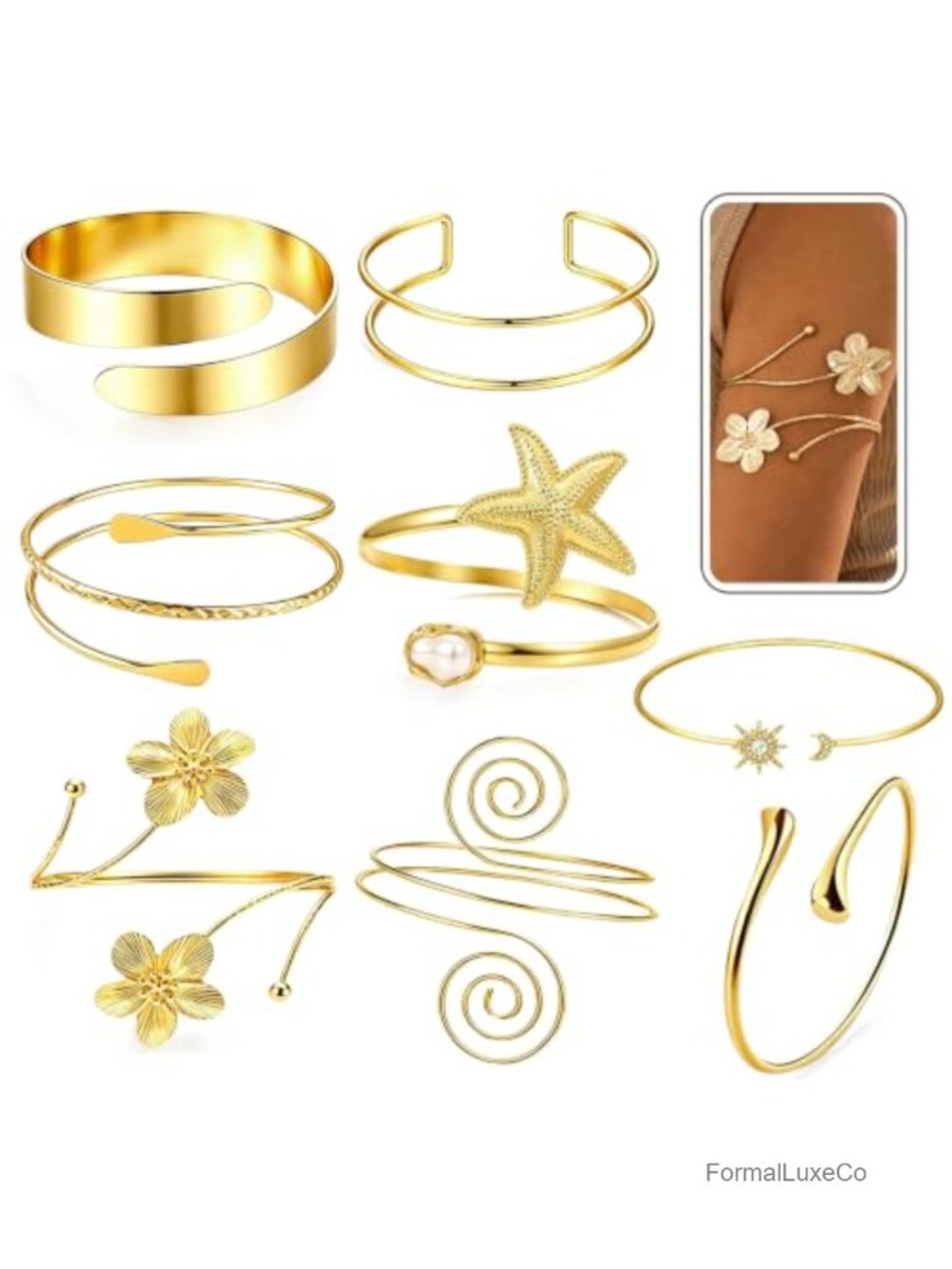 8 Gold Upper Arm Cuff Set Open Adjustable Flower Bangle Boho Arm Bands